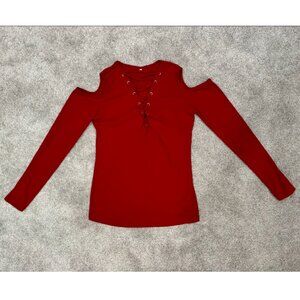 Women's Size Medium Red V-Neck Lace Up Long Sleeve Cold Shoulder Shirt